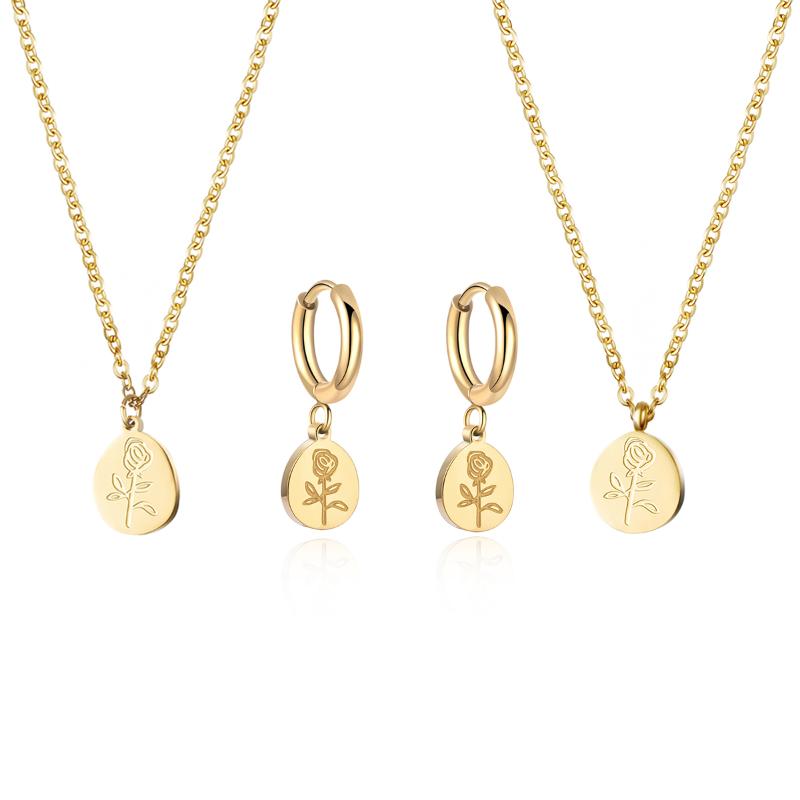 

Pendant Necklaces Wild&Free Trend Stainless Steel Jewelry Set Gold Plated Necklace Europe And American Ins Style Corrosion Rose, Silver