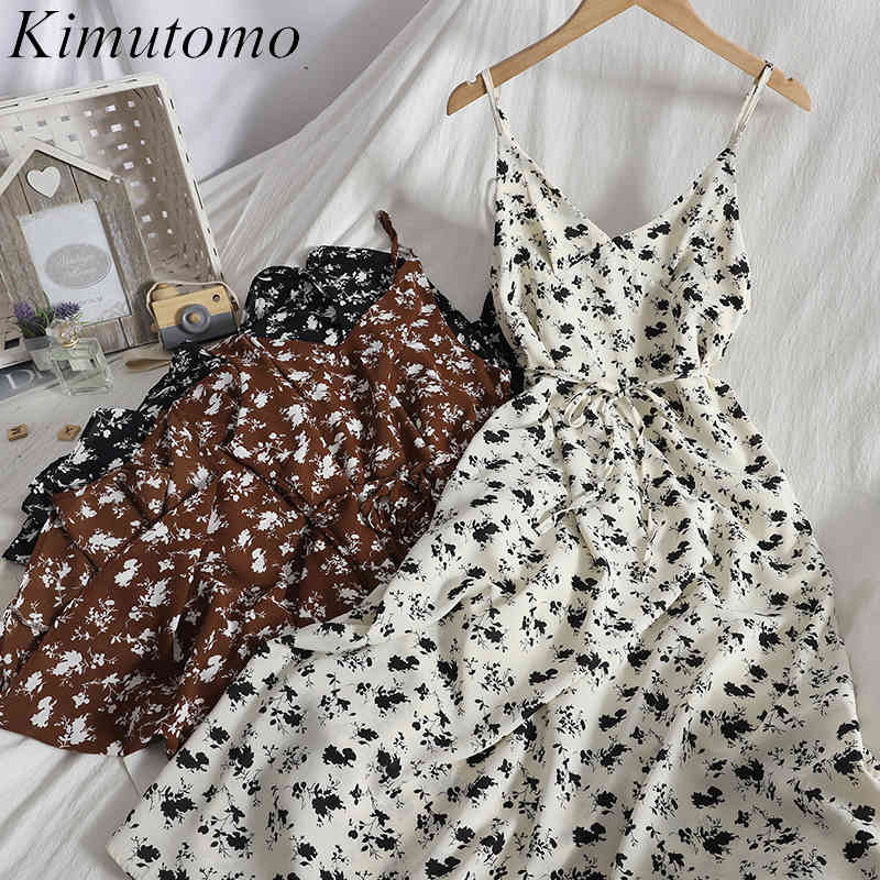 

Kimutomo Spring Summer Gentle Dress Floral Printed Korean Fashion Female V-neck Slim Lace-up Off Shoulder Dress Casual 210521, Apricot