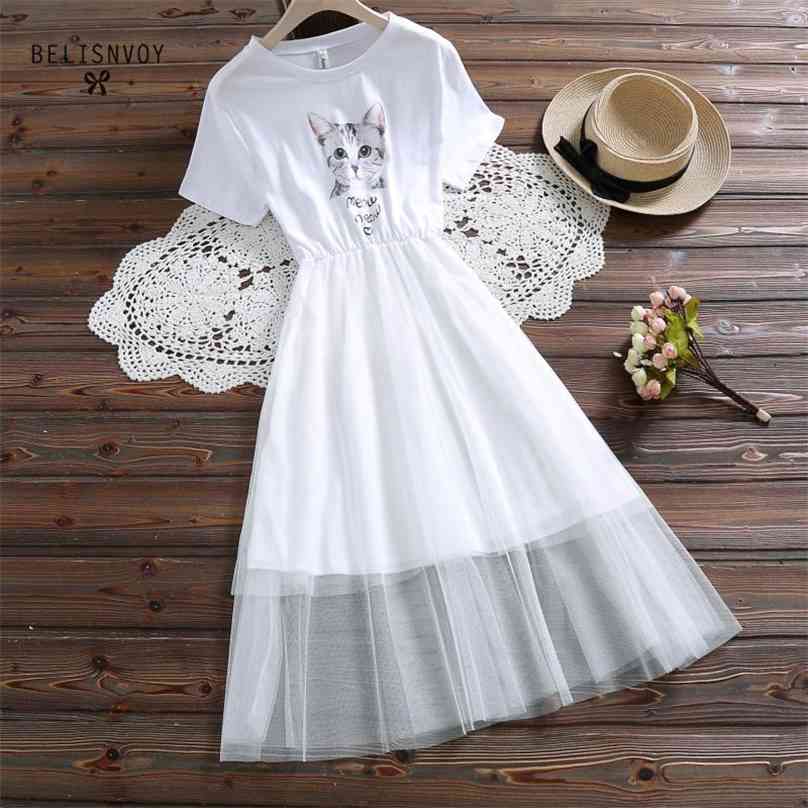 

Japanese Kawaii White Pink Summer Dresses Women Short Sleeve Cute Cat Printed Mesh Patchwork Preppy Style Dress Vestidos 210520