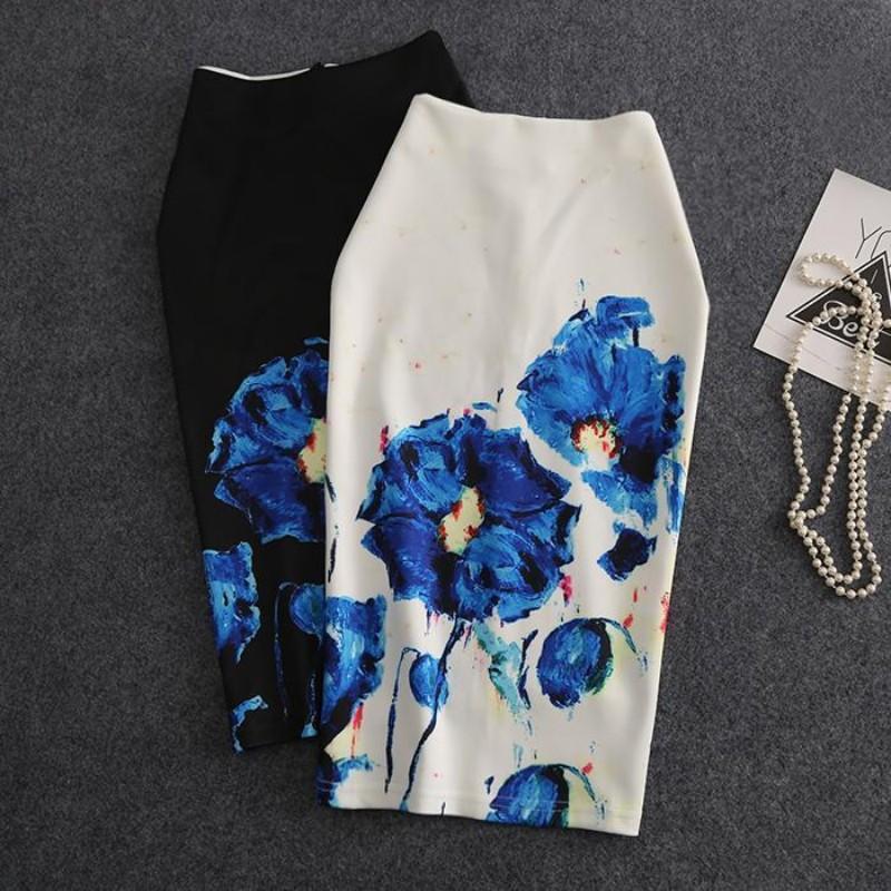 

Printed Skir T2021 High Waist Slim Slit Mid-Length Over-the-Knee Skirt Thin Elastic All-match Women Ink Painting Skirts, 1082-49