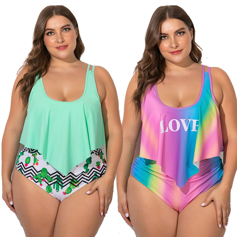 

2021 Summer Plus Size Two Pieces Womens Bikinis Set Cactus/Letter Printed Ruffle Big Swimsuit Large Female Swimming Suits 5XL, B1