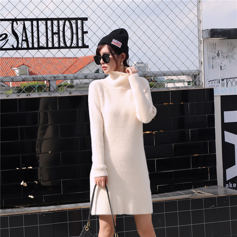

Autumn Winter Faux Mink Cashmere Knitted Dress Women Office Lady Solid Turtleneck Full Sleeve Above Knee 210520, Yellow