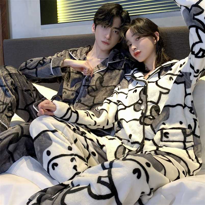 

QWEEK Couple Pajama Woman Winter Flannel Cow Print Pyjama Pour Femme Female Set 2 Pcs Home Clothes Pijamas Trouser Suits 211211