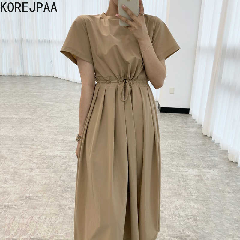 

Korejpaa Women Dress Summer Korean Chic Minimalist Niche Round Neck Solid Color Drawstring Waist Pleated Design Vestidos 210526, Gray