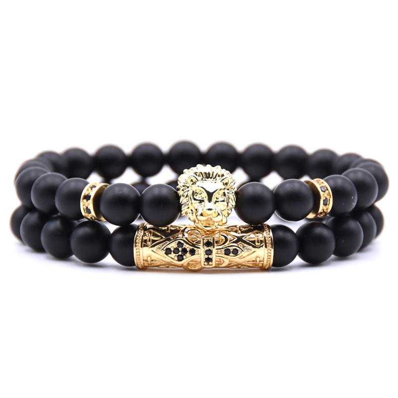 

Cool Balck Frosted Stone Beads Strands Lion Head Charm Elastic Bracelet 2pcs/set
