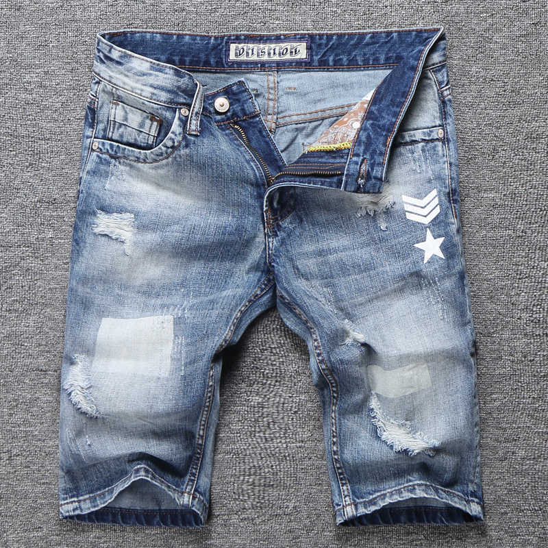 

Summer Ly Fashion Men Jeans Retro Light Blue Printed Designer Ripped Denim Shorts Destroyed Hip Hop Cotton Short RSU0