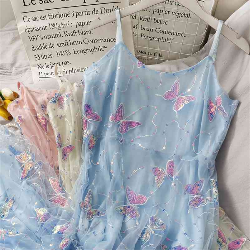 

Sweet sequined butterfly midi long mesh suspender dress party summer high waist slim beautiful back beach dress summer 210515, Green