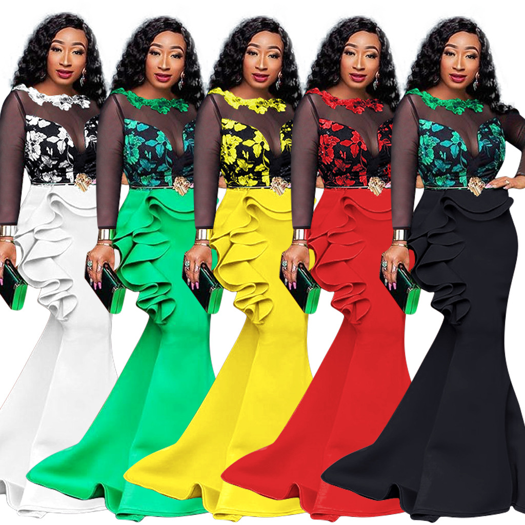 

Mesh Transparent Elegant Long Party Dress Women Mermaid Plus Size African Ruffle Dinner Maxi Robe Femme Vestiods Sexy, Black