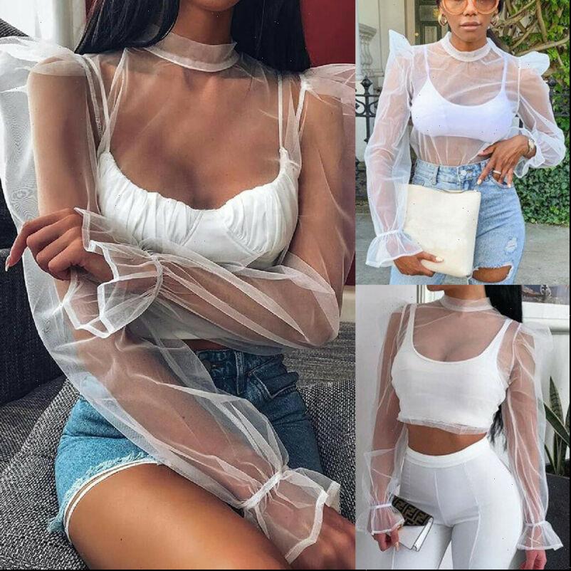 

long puff sleeve women shirts mesh sheer casual office party tee, White