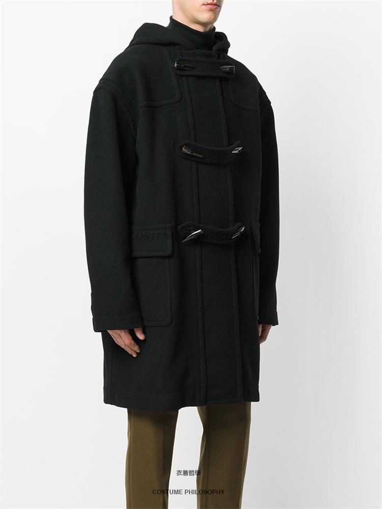 

Men' Wool & Blends Double-faced Coat Loose Hooded Horn Button, Black