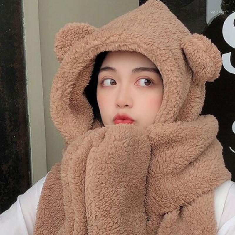

Berets Fashion Winter Women Novelty Beanies Caps Warm Cute Bear Ear Hat Plush Scarf Set Solid Gift, White