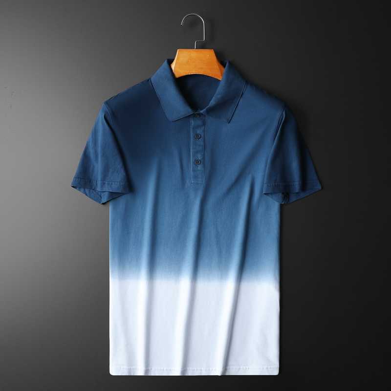 

High-quality Gradient Polo Shirts Men Short Sleeve Slim Polo Shirts Fashion Business Casual Tee Tops Social Streetwear Clothes 210527, Blue
