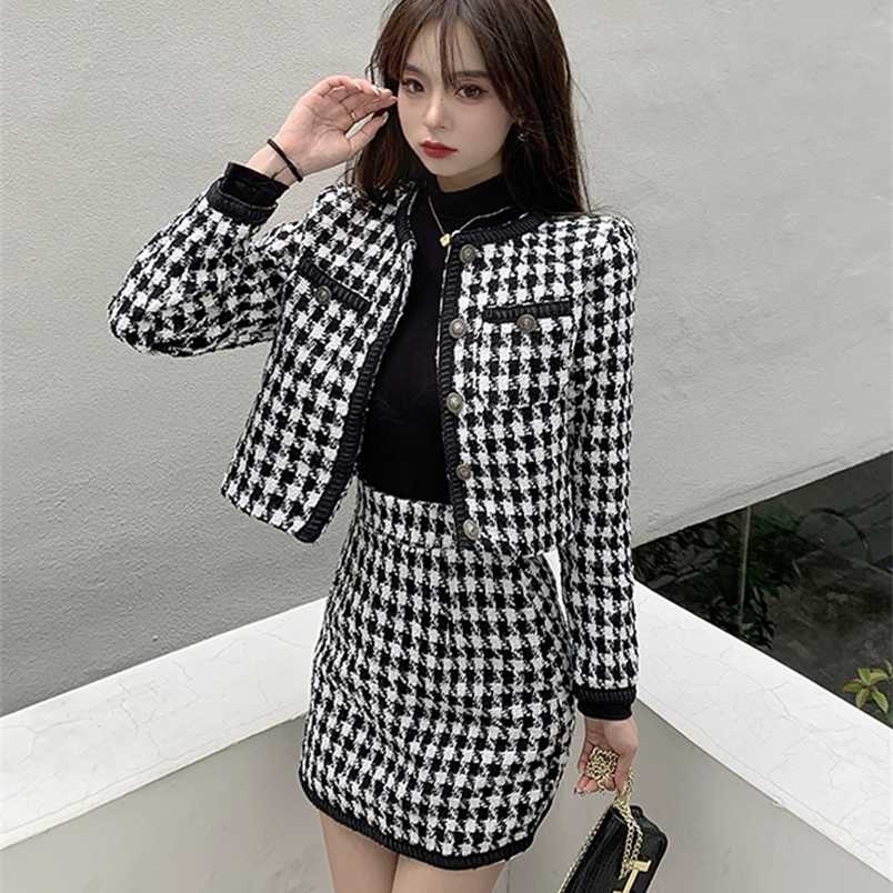 

Xiaoxiangfeng two-piece female spring and autumn houndstooth long-sleeved splicing jacket and skirt suit trendy 211109, Black