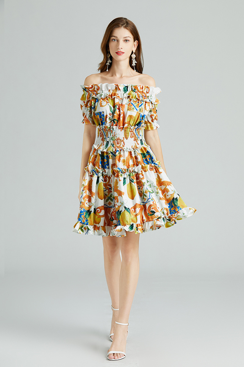

100% Polyester Women's Lemon Printing Dress Sexy Slash Neck Ruffly Fashion Summer Dresses High Elastic Waist Sliming Vestidos, As picture