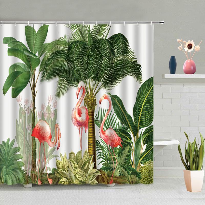 

Flamingo Shower Curtain Flower Green Leaves Waterproof Polyester Cloth Bathroom Screen Partition Decoration Curtains With Hooks