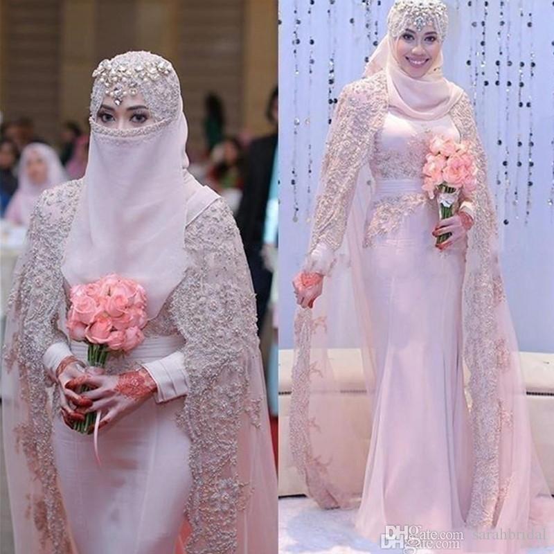 

Gorgeous Arabic Muslim Wedding Dresses High Neck Lace Applique Long Sleeves Sheath Pink Wedding Gowns Bridal Dresses With Wraps, White