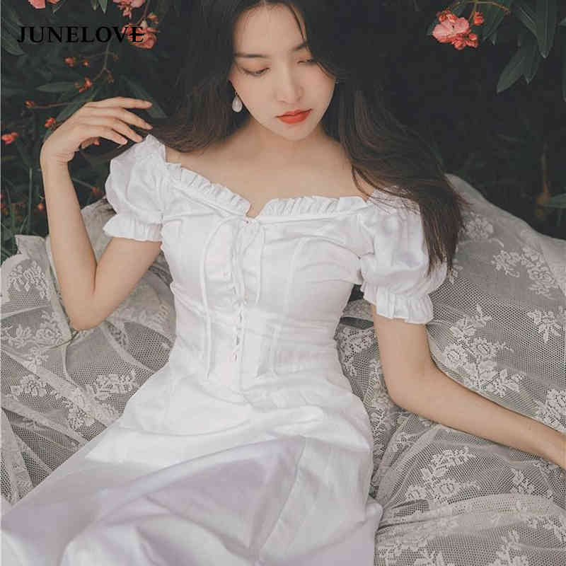 

Women Summer Elegant French Vintage Midi Dress Square Collar Puff Sleeve White Fairy Retro Drawstring 210517, Black