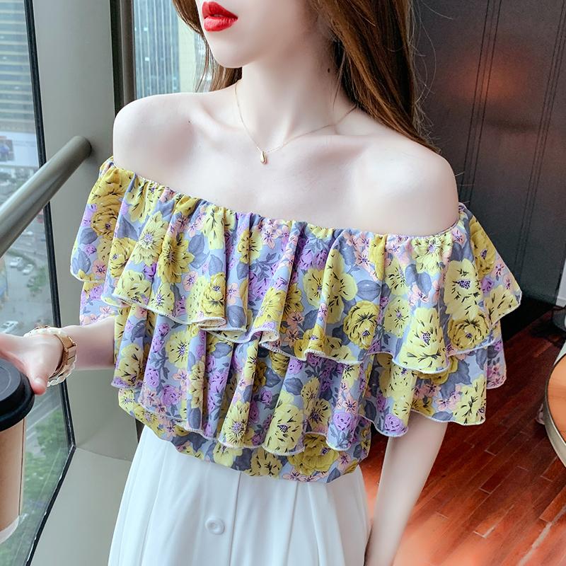 

Women's Blouses & Shirts Floral Print Blouse Female Casual Tops Summer Women Ruffle Slash Neck Collar Boho Elegant Top Vestidos Chiffon Shir, White