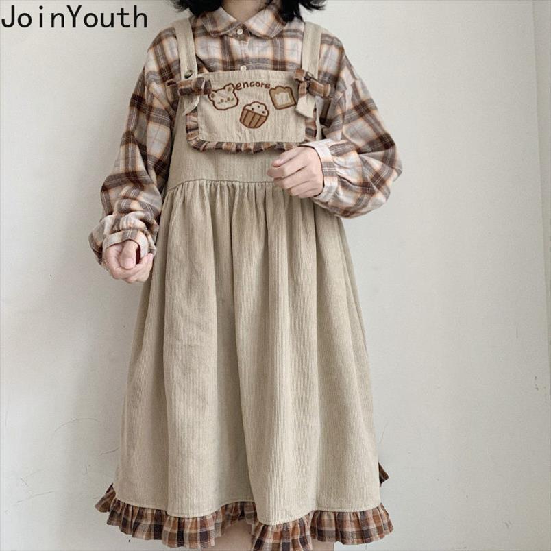 

japanese lolita sweet cute bear womens dress corduroy loose ruffles patchwork plaid overalls vestidos female 7b609, Black;gray
