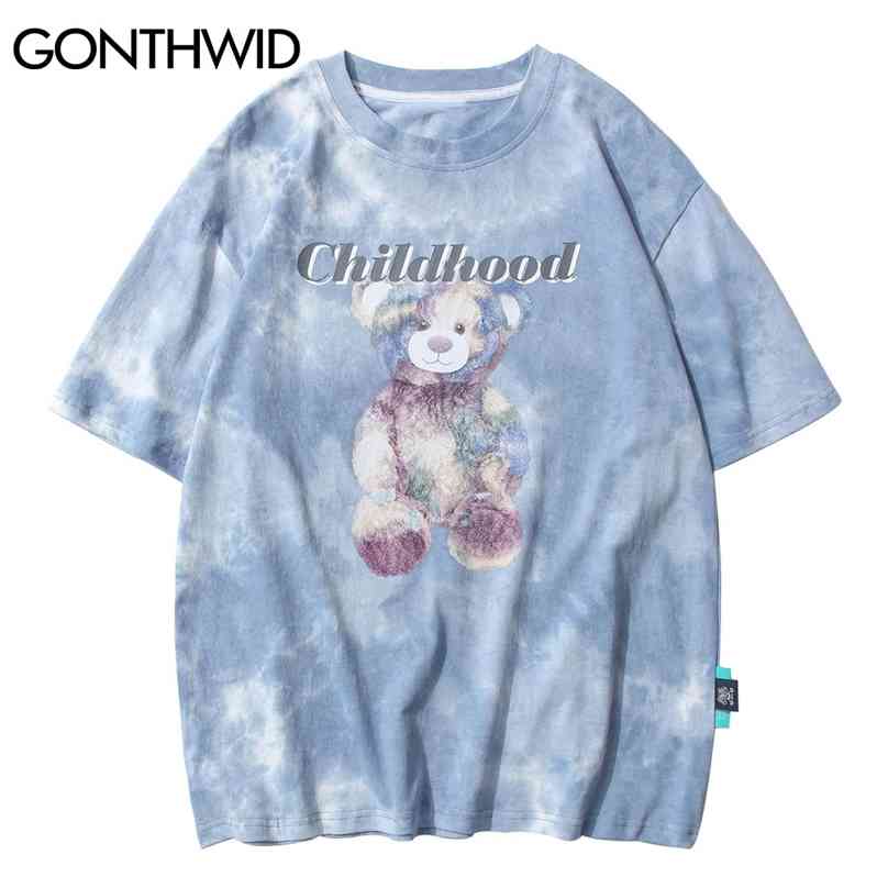 

T-Shirts Toy Bear Print Tie Dye Short Sleeve Tshirts Streetwear Hip Hop Harajuku Hipster Fashion Casual Cotton Tee Tops 210602, Gray
