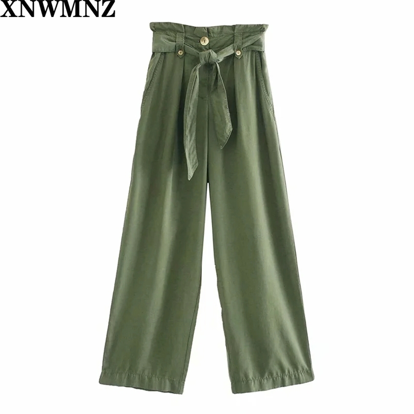 

High Waist Wide Leg SashesFemal Fashion Pants Women Green Linen Long Casual Female Trousers Belt Loose Trouser 210520, Army green
