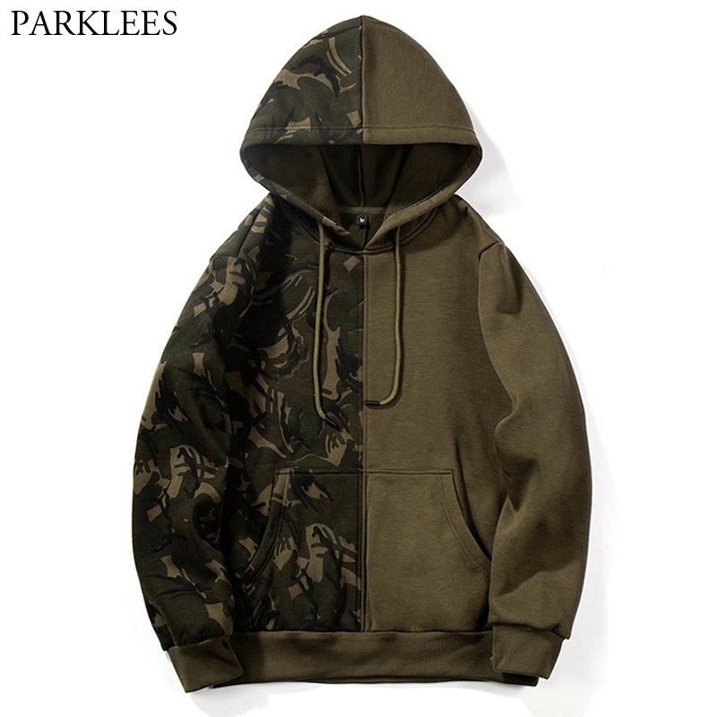 

Fashion Camouflage Splice Mens Hoodies Autumn Winter Plus Velvet Loose Sport Hoodie Men Casual Streetwear Men Hoodies Sweatshirt 210524, Gray