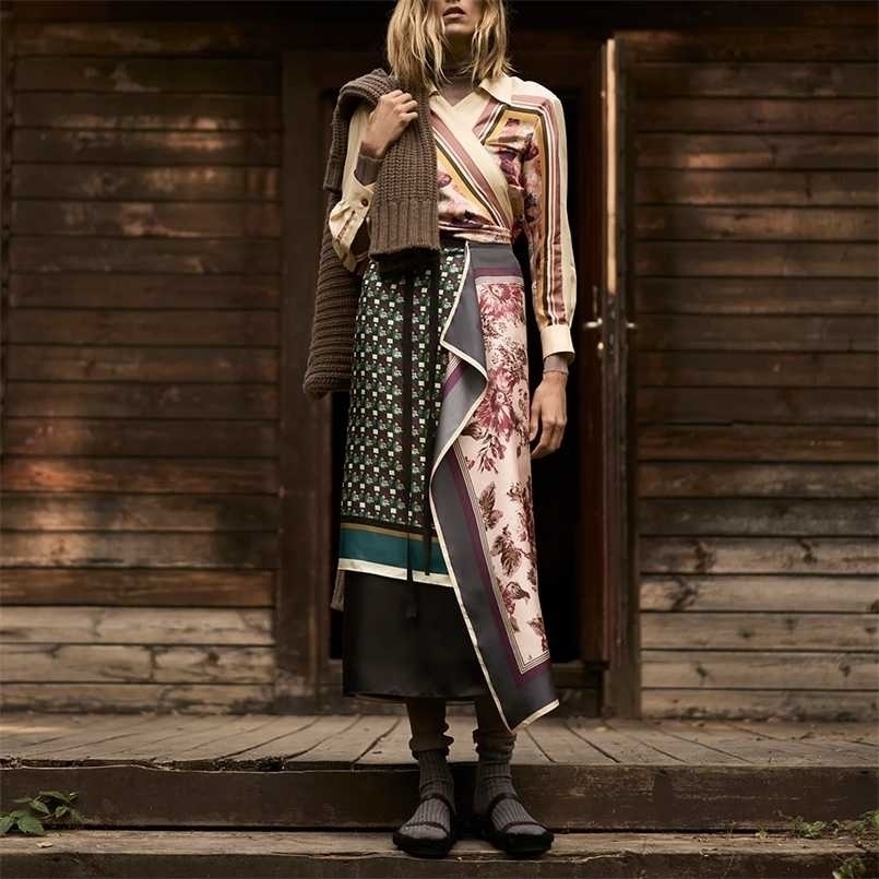 

Za Skirt Two Piece Set Vintage Print Simulation Silk Blouse and High Waist Wrap Casual Dress Sets Club Outfits 211108, Shirts