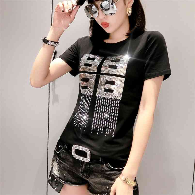 

Solid Sequins Shiny Diamonds O-Neck Tshirt Summer Office Lady Cotton Top Clothes Bottoming Shirt Black White Tees T95107L 210708, White tshirt