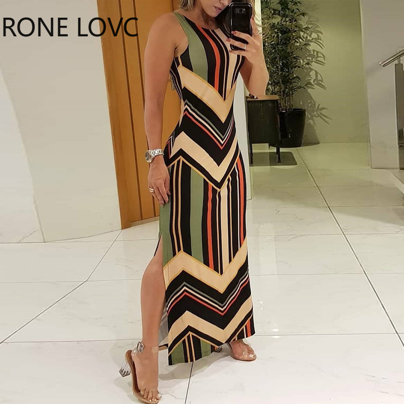

Women Sleeveless O-Neck Colorful Striped Print Side Slit Maxi Dress Elegant Fashion Chic Dress, Beige