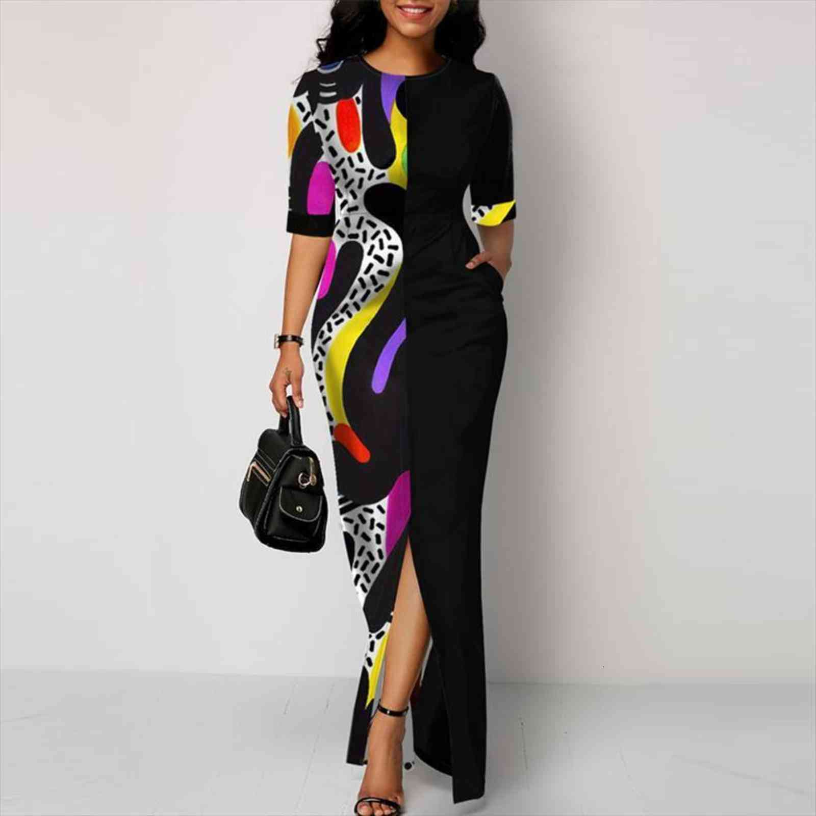 

floral printed wrap office pencil women dress long split design front patchwork short sleeve bodycon sheath african clothing, Black;gray