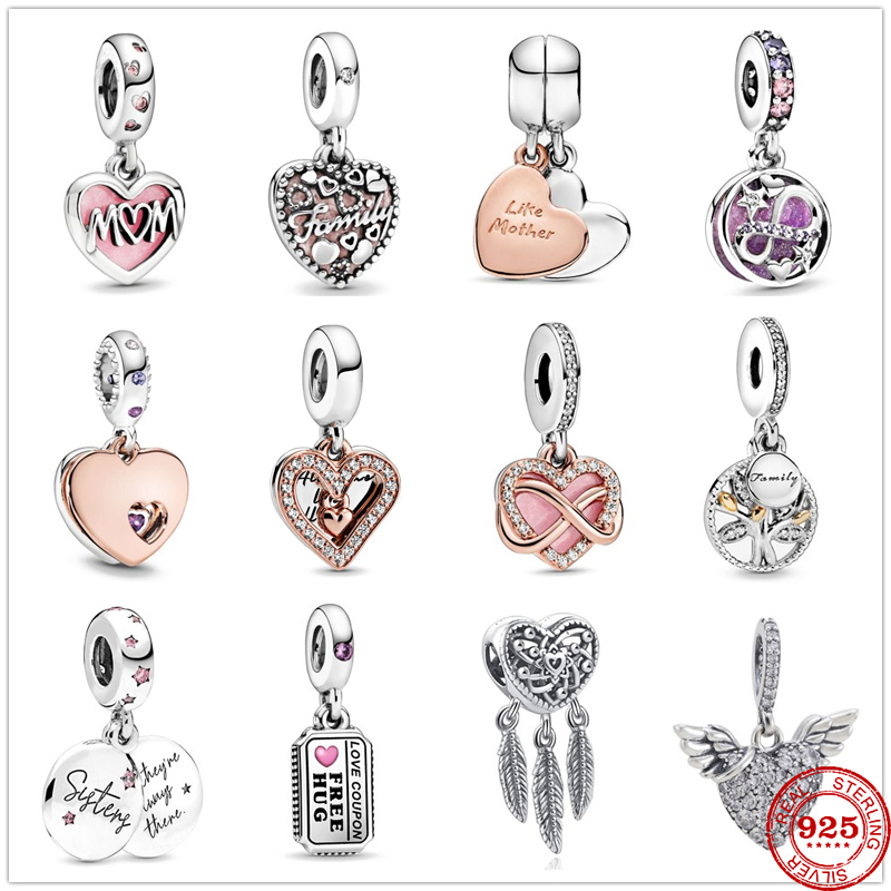 

925 Sterling Silver Charms Love Family Mother Daughter Heart Split Pendant DIY Fine Beads Fit Original Pandora Bracelet Jewelry