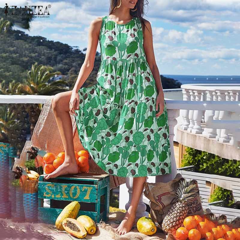 

Women' Blouses & Shirts Summer Print Tank Vestidos Bohemian Women Mid-calf DressZANZEA 2021 Casual Female Sleeveless O-neck Loose, Yellow