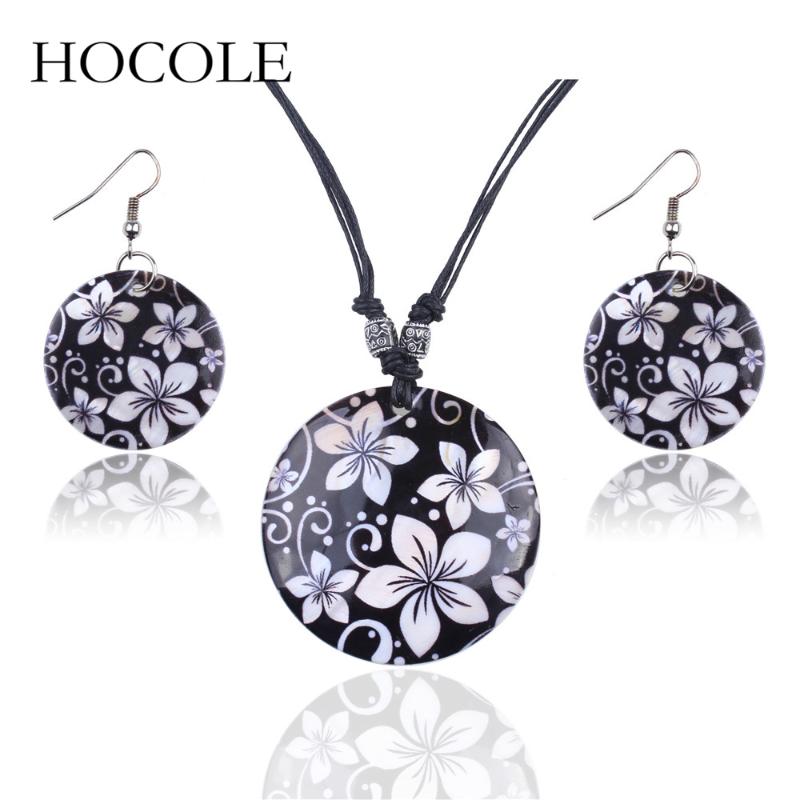 

Earrings & Necklace HOCOLE Shell Women Jewelry Sets Black Rope Chain Vintage Chinese Style Flower Painted Dangle Earring Pendant Gift, As pic