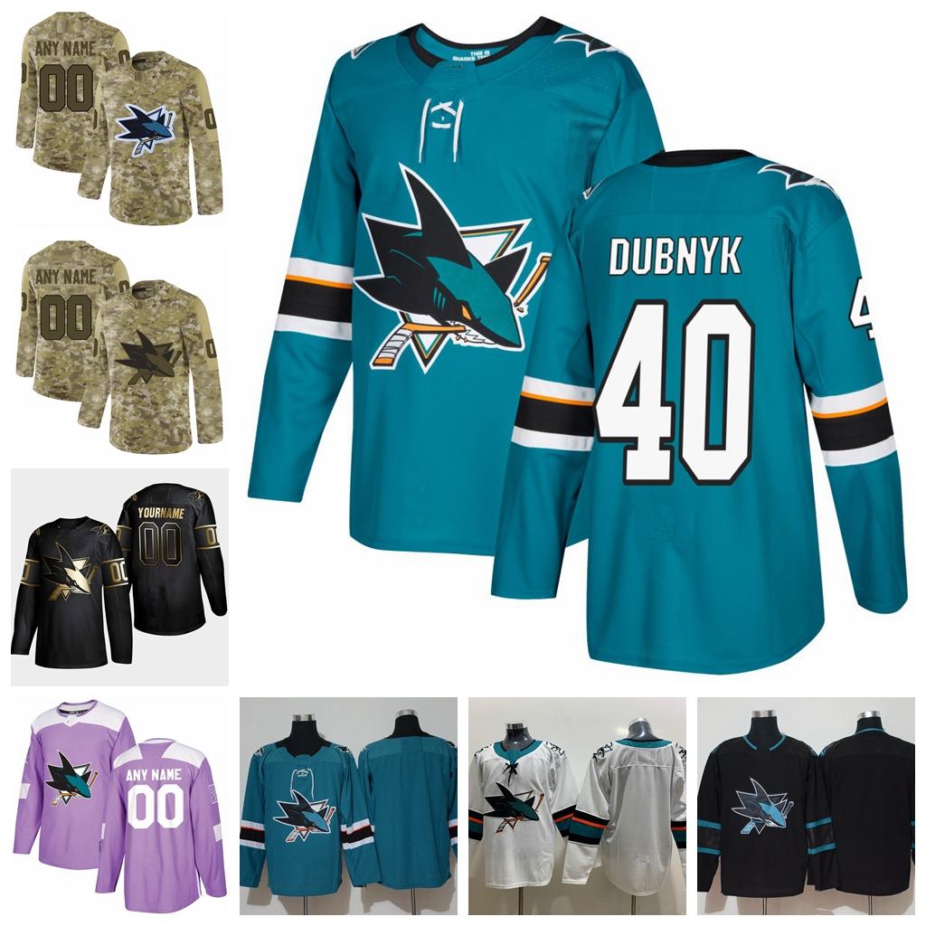 

2021 Customize #40 Devan Dubnyk San Jose Sharks Jerseys Golden Edition Camo Veterans Day Fights Cancer Custom Stitched Hockey Jerseys, Black;red
