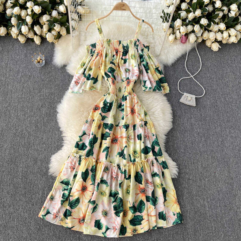 

Sexy Floral Printed Beach Dress Women Yellow/Red Short Sleeve High Waist Off Shoulder Slim Vestido Elegant Female Robe Plus Size Y0603