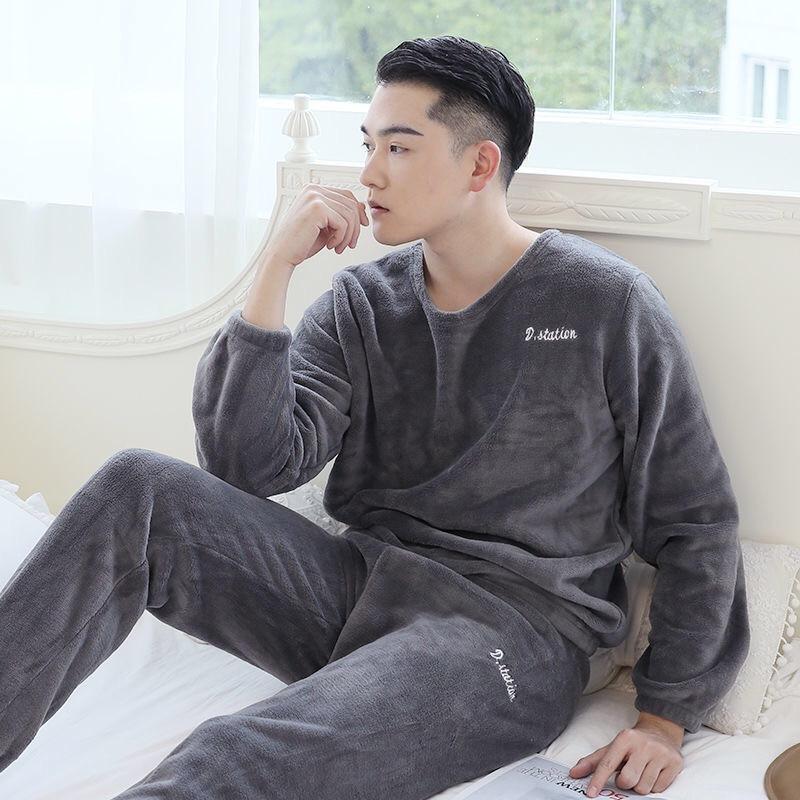 

Men's Sleepwear Two-Piece Winter Thick Warm Flannel Pajamas Sets For Men Long Sleeve Tops+Pants Solid Colour Loose Male, Black;brown