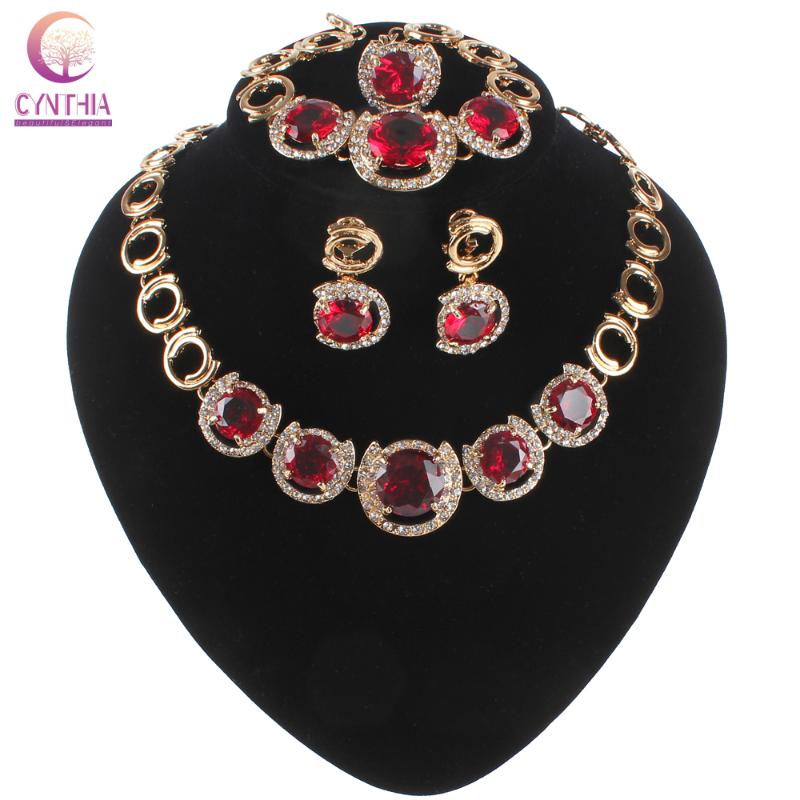 

Earrings & Necklace Women Wedding Jewelry Sets Classic Red Gem Crystal Gold Color Zircon Earring Pendant Ring Bracelet Set, As pic