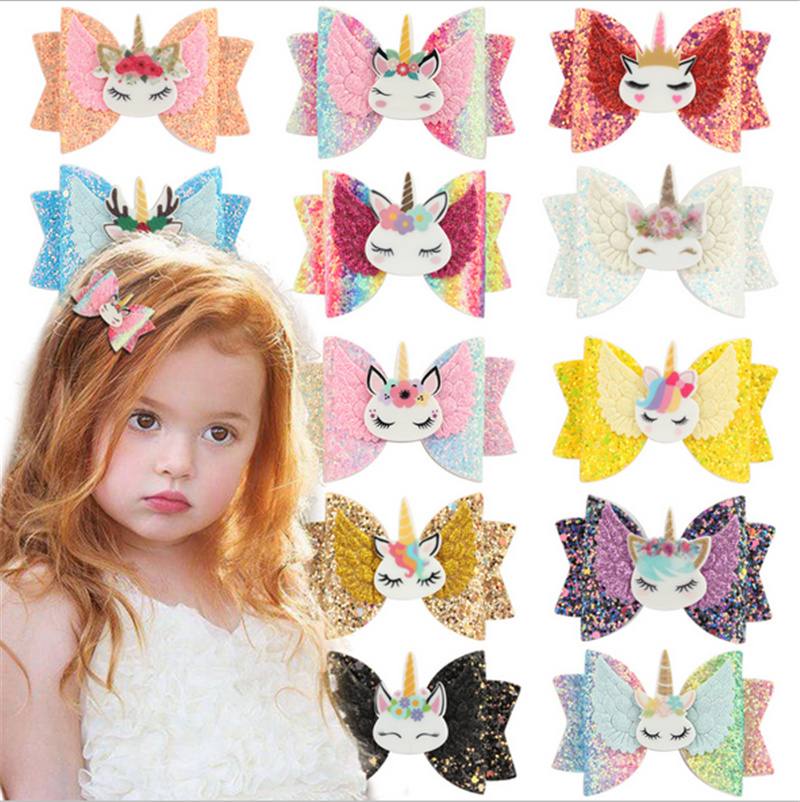 

Kids Girls Cartoon Unicorn Glitter Hairpins PU Leather Bow Knot Hairgrips Hairbow Hair Clips Cute Bowknot Barrettes Baby Headdress E123104, Random or listed