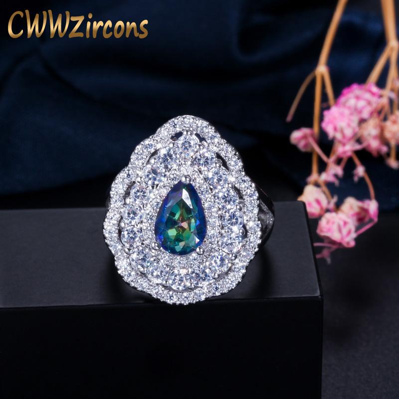 

Cluster Rings CWWZircons Exclusive Women Wedding Engagement Jewelry Sparkling Cubic Zirconia Stone Ring With Blue Mystical Crystal R101, Golden;silver