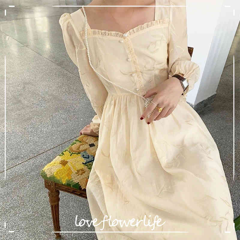 

Midi Dress Women French Elegant Vintage Square Collar Long Puff Sleeve Party Chic Retro Dress Korean Autumn Clothing 210521, As picture