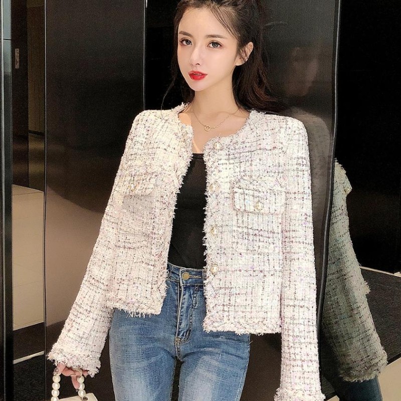 

Spring Autumn Small Fragrance women Plaid Tweed Jacket coat Women Korean Short chic Cardigan Outwear 210518, Photo color