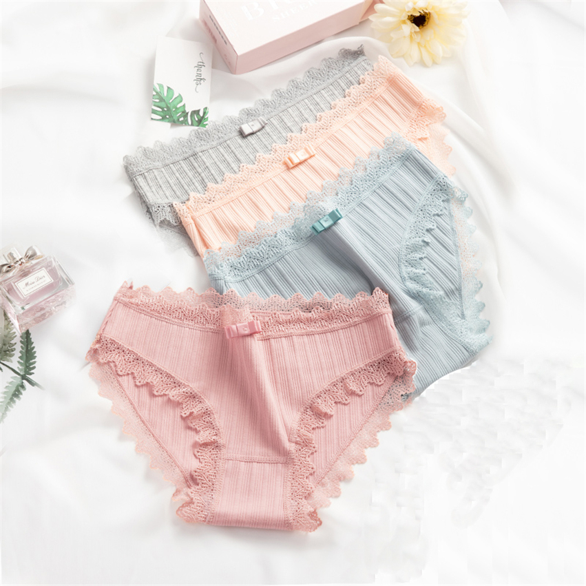 

Women Thread Cotton Panties Japanese Bow Women's Underwear Lace Solid Breathable Girls Female Plus Size Lady Briefs Underpants, Black;pink