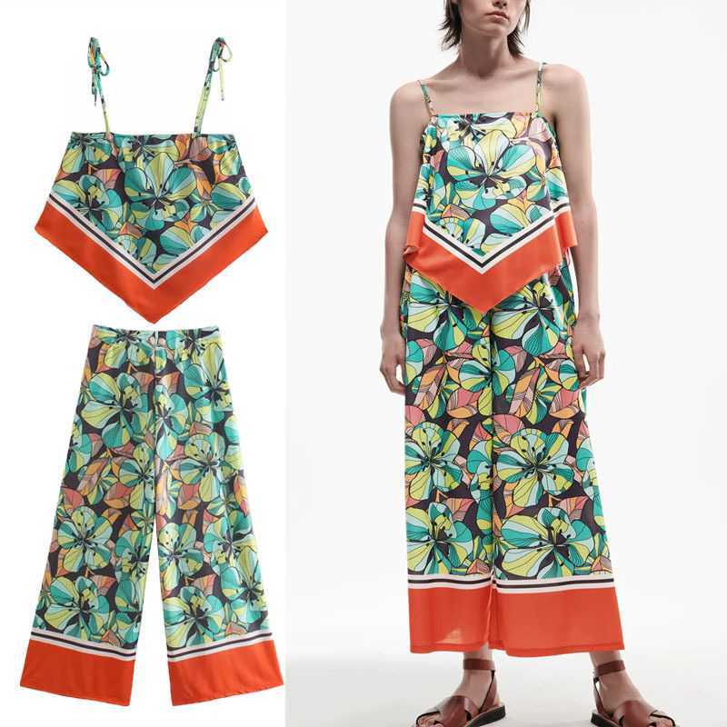 

Za Summer High Waist Print Loose Pants Woman Vintage Elastic Waist Wide Leg Pants Woman Fashion Patchwork Trousers 210602
