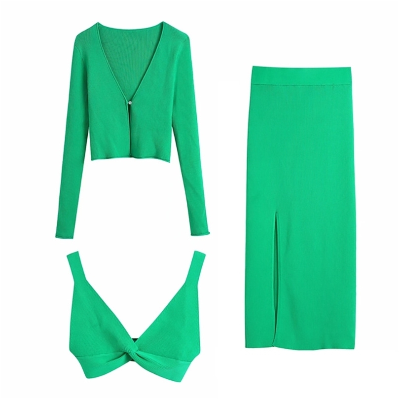 

Fashion Green Knitted Ribbed 3 Pieces Women Sets Y2K Summer Holiday Single Button Loose Coat Sexy Underwear Bra High Waist Skirt 211110, Crop top