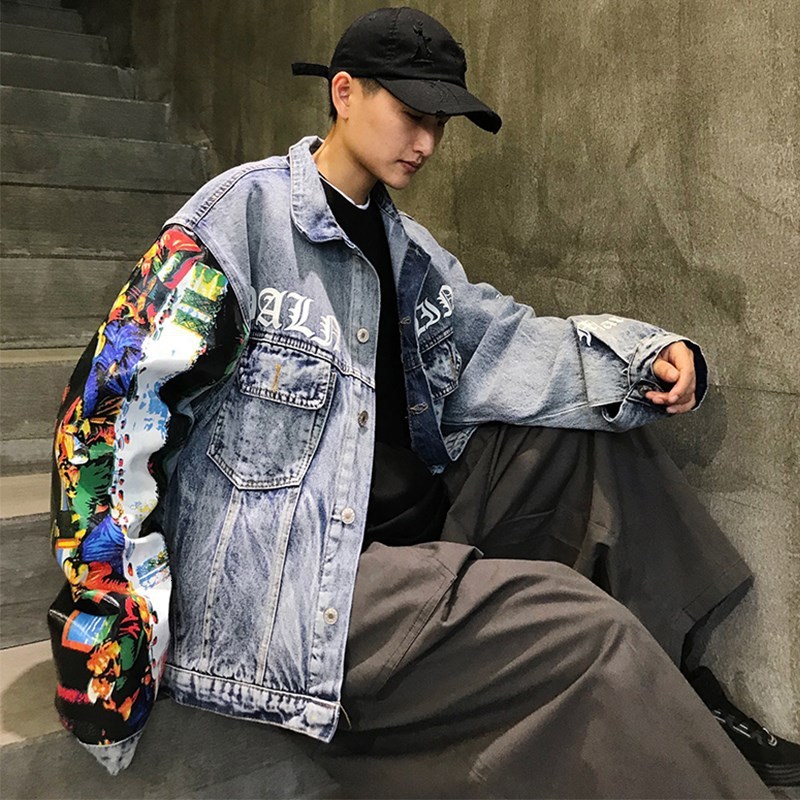 

Men's Jackets Autumn and winter denim jacket men's retro personality printed large size casual all-match student trendy clothes 8Q, Blue