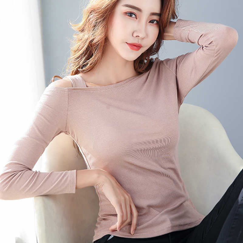

Fashion T Shirt Women Long Sleeve Shirt Women Off Shoulder Top Slash Neck Cotton T-shirt Tshirt Women Clothes Tops C674 210602, Pink