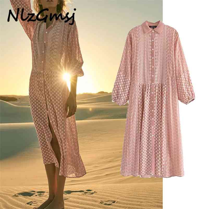 

Dres summer casual women's retro bubble sleeve embroidered single-breasted midi dress 05 210628, As picture