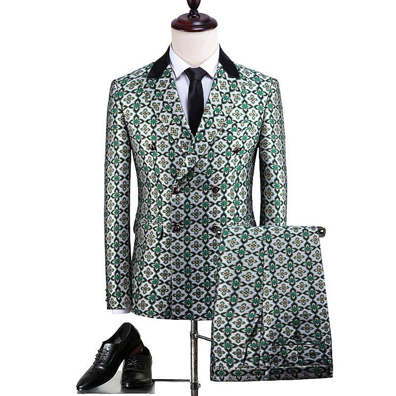 

Fashion Green Floral 2 Pieces Formal Suits Men 2021 Double Breasted Groom Tuxedo For Wedding Bridegroom Dress Slim Fit Party Prom Suit, Same as image