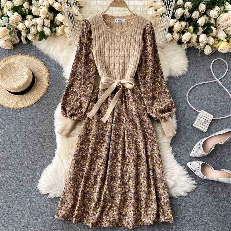 

Women Floral Print Dress Spring Autumn Long Sleeve Patchwork Knit Midi es Ladies Elegant Slim A Line Bandage 210525, Orange