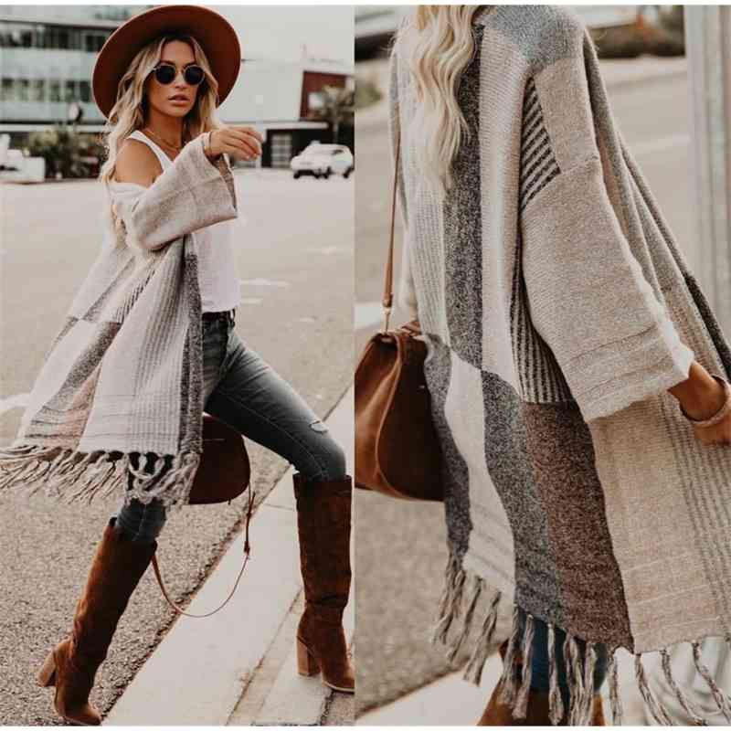 

Casual Knitted Cardigan Women Vintage Striped Loose Sweater Coat Tassel Oversized Jumper Outwear Autumn Winter Sweaters 210603